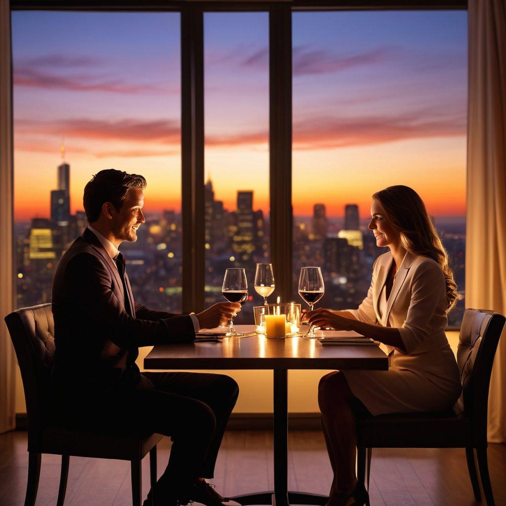 A harmonious blend of a romantic dinner setting and a business meeting, featuring a candlelit table with two glasses of wine beside a laptop displaying a business presentation. In the background, silhouettes of a city skyline at sunset symbolize growth and unity. The couple, engaged in a meaningful conversation, radiates love and ambition. soft focus, warm lighting, sophisticated elegance, vibrant colors.