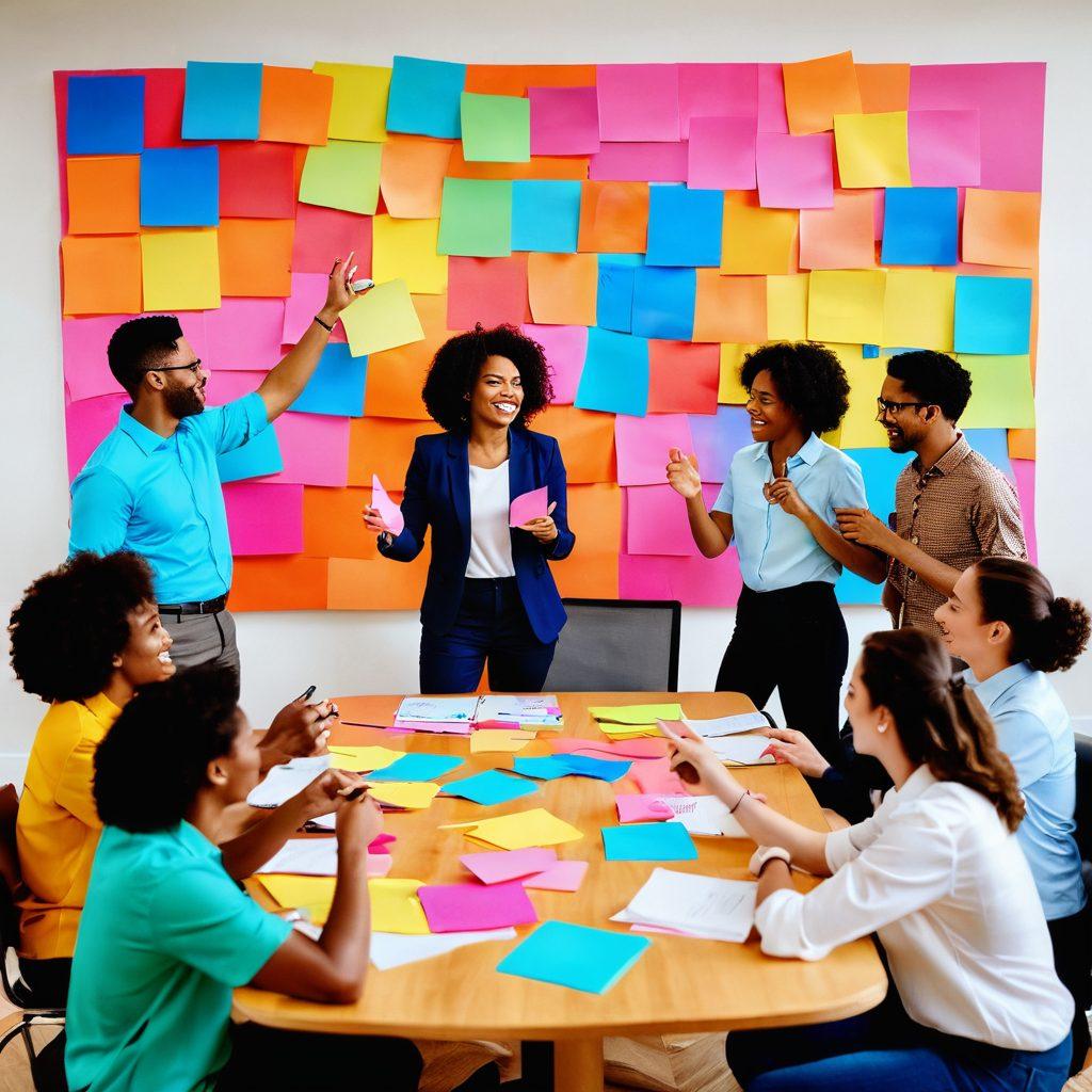 A vivid illustration of diverse individuals from different backgrounds, enthusiastically engaged in a dynamic brainstorming session around a large table. They are sharing ideas, holding colorful sticky notes, with a bright atmosphere symbolizing creativity and teamwork. In the background, a large heart-shaped mural reflects their passion for collaboration and success. vibrant colors. 3D. modern art.
