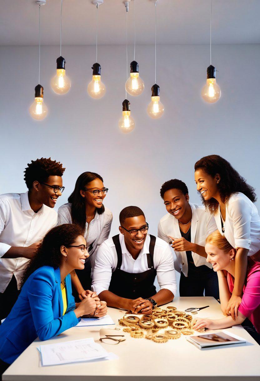 A diverse group of entrepreneurs engaging in a heartwarming team-building activity, sharing ideas and laughter, surrounded by symbols of innovation like light bulbs and gears floating in the air. The scene should radiate warmth and positivity, showcasing collaboration and friendship as key elements of success. Bright, inviting colors with soft lighting. super-realistic. vibrant colors. white background.